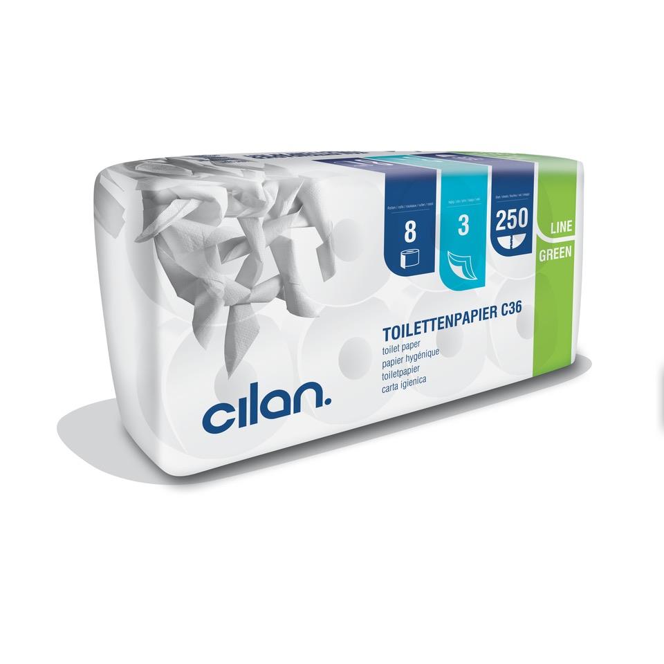 Cilan Toilettenpapier Tissue C36, Green Line, 3-lagig, Weiß, 8x250 Blatt, 64 Rollen