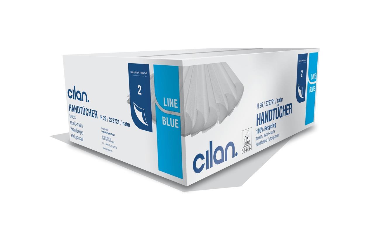 Cilan Falthandtücher Tissue H26, Blue Line, 2-lagig, Weiß, 25x23 cm, V-Falz, 3000 Blatt